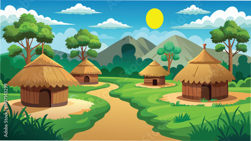 A serene village landscape featuring traditional thatched huts in a lush green valley at daytime