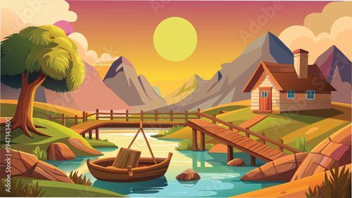 A serene pixel art landscape featuring a quaint wooden cottage by a river during a golden sunset