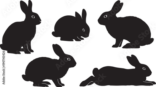 Set of 5 black rabbit silhouettes vector isolated on Transparent Background