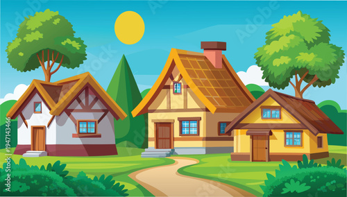 A charming village scene featuring three colorful cottages nestled in a lush green countryside