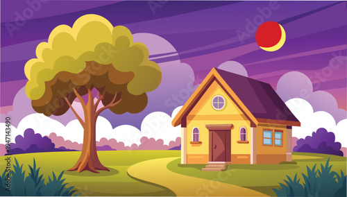 A charming yellow cottage standing near a large green tree in a peaceful countryside landscape