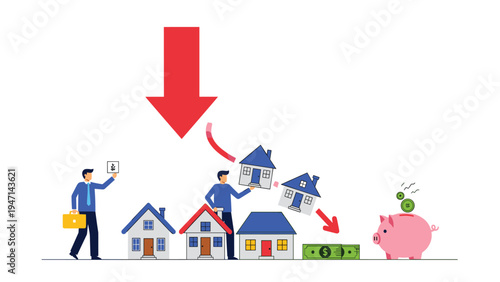 Businessmen watching houses falling down along with a large red arrow pointing downwards depicting a real estate market crash.