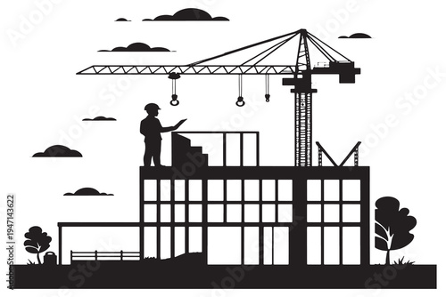 silhouette of a construction site construction site with crane