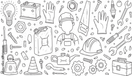 Comprehensive collection of professional construction tools and industrial repair equipment for maintenance and building projects hand-drawn vector illustration doodle art