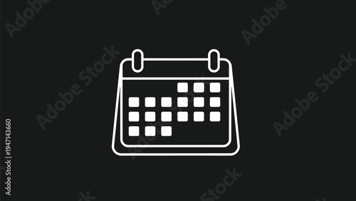 White outline of a desk calendar icon displayed on a solid dark gray background representing scheduling and planning.