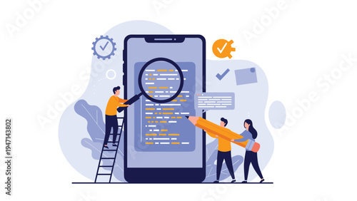 Group of developers using a magnifying glass and pencils to analyze and edit mobile application code on a smartphone screen.