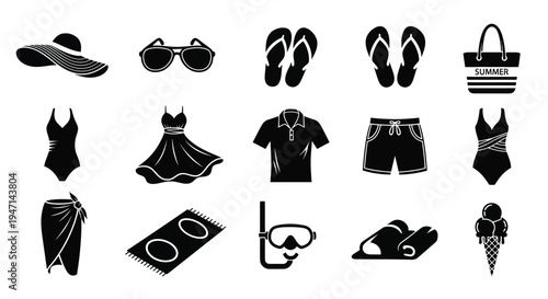 Beach vacation accessories and clothing icons set including swimwear sunglasses and sandals on white background
