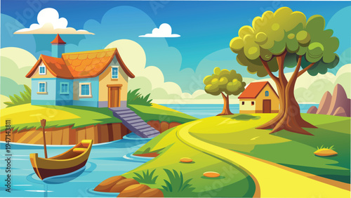 A vibrant digital illustration of a peaceful countryside landscape with small cottages and a boat
