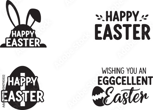 Four different designs of happy easter greetings with bunnies and eggs isolated on transparent background, isolated on white background, Vector