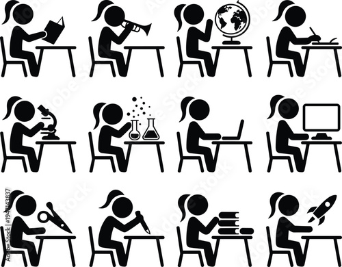 Children Learning and Studying at Desks with Various School Supplies student chair