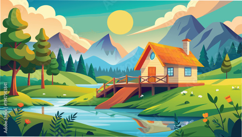 A serene landscape featuring a cozy cottage nestled by a flowing river under a bright summer sun