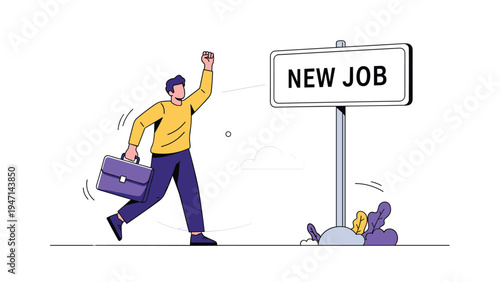 Excited man with a briefcase running happily towards a large new job signpost celebrating his successful career move.