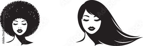 Woman face icon set with afro and long straight hair in modern vector style for beauty, avatar, and fashion..eps