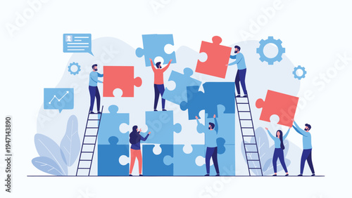 Team of people working together to assemble a large colorful jigsaw puzzle representing cooperation and business strategy.