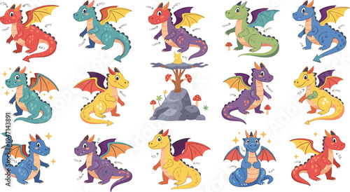 Cute colorful baby dragon cartoon character collection with different poses wings and expressions fantasy creature vector illustration set for kids games stickers storybooks and prints