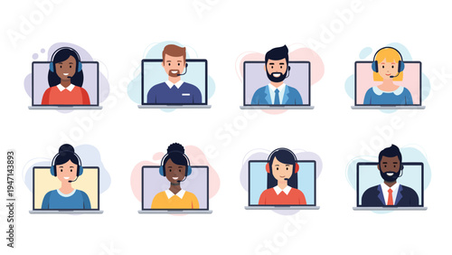 Diverse group of professional people participating in a virtual video call conference displayed across eight laptop screens.