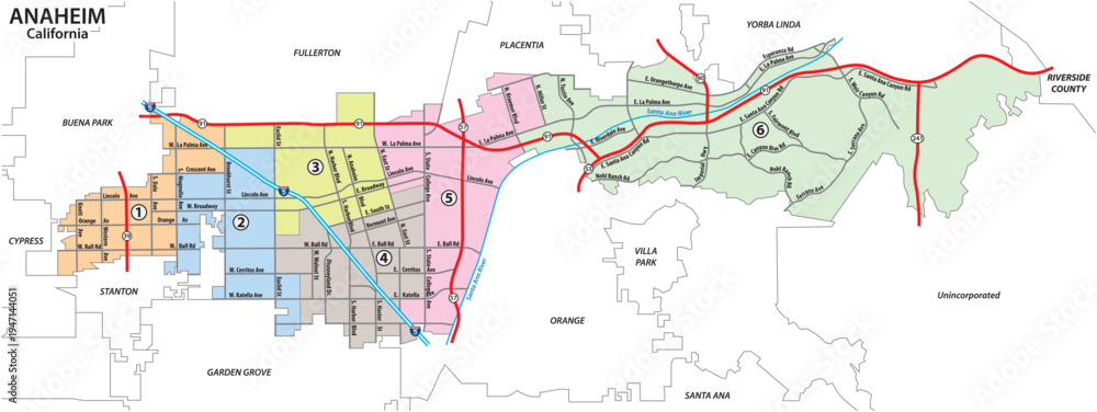 Obraz premium Administrative and roadmap of Anaheim, Orange County, California, United States