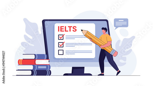 Student with a giant pencil checking off boxes on a large computer screen for an IELTS language proficiency test preparation.