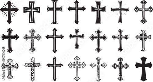 A collection of intricate and diverse cross designs with varying styles and details isolated on transparent background, isolated on white background, Vector