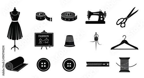 Sewing and fashion design elements with tools and accessories on white background