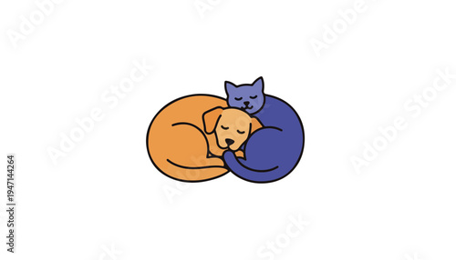 Minimalist vector dog and cat sleeping peacefully together illustrating harmony and pet wellness for National Pet Month