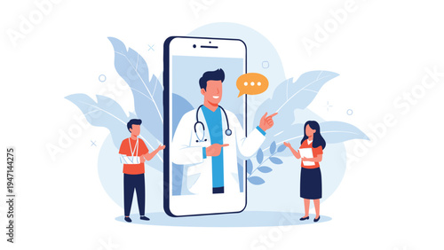 Doctor providing virtual medical advice through a large smartphone screen to patients standing nearby in a medical app.