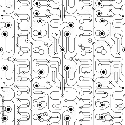 Circuit board pattern black lines on white background electronic seamless connections