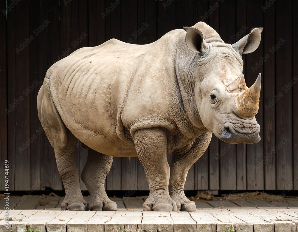 Obraz premium White Rhinoceros Standing on Stone Floor.