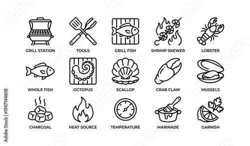 Grill station icons: seafood, tools, heat source, marinade, garnish in outline style