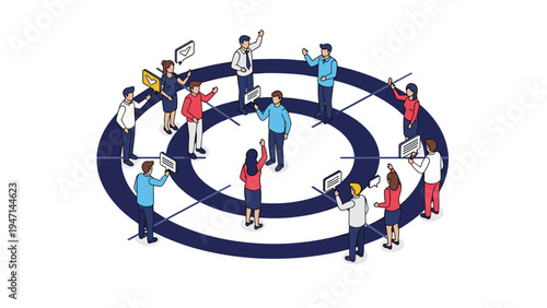 Isometric view of a group of diverse people standing on concentric circles representing target audience and marketing.