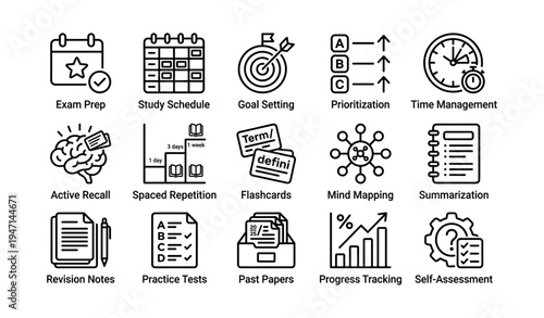 Exam prep icons for study schedule, goal setting, time management, and active recall