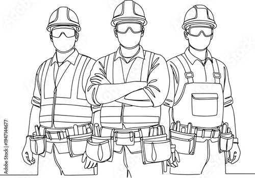 Professional construction workers team in safety gear with hard hats and tool belts in a continuous line hand drawn vector illustration