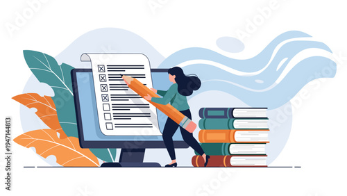 Female student with a giant pencil filling out a digital checklist on a computer screen for an online exam or survey.