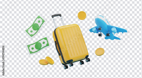 Travel money concept 3d illustration, yellow suitcase with cash, coins, and an airplane flying behind it