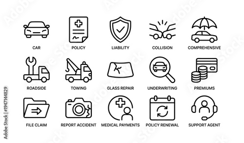 Insurance icons set: car, policy, liability, collision, comprehensive, roadside services