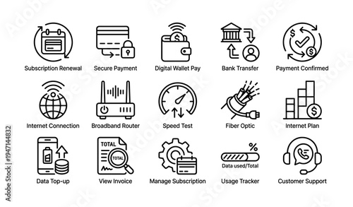 Black and white icons for subscription renewal, payment, internet, and support