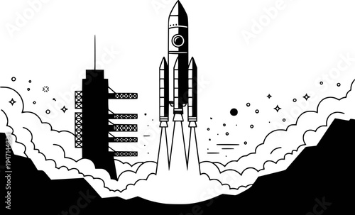 Black and white of a rocket launching from a launchpad with smoke and stars space
