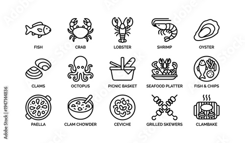 Seafood icons set: fish, crab, lobster, shrimp, oyster, clams, octopus, paella, ceviche