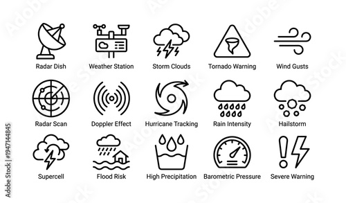 Weather icons: storms, radar, tornado, flood risk, severe warning