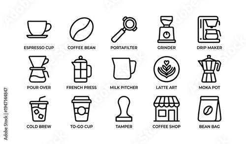 Coffee equipment vector icons featuring cups, beans, grinders, makers, and milk pitchers