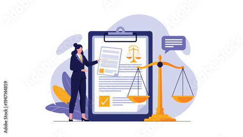 Professional woman in a suit presenting legal documents next to a large golden scale of justice in a law office.