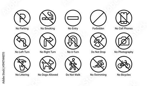 Collection of prohibition signs with various restrictions and actions