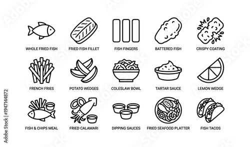 Icons of popular fish dishes and accompaniments