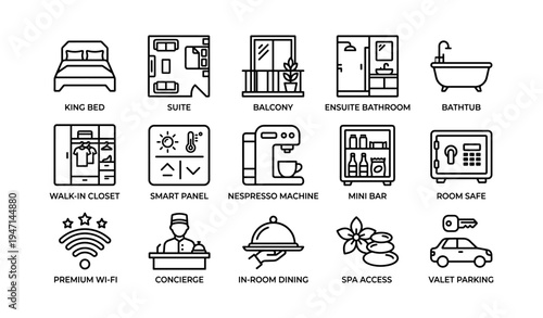 Hotel room features with king bed balcony ensuite bathroom and amenities icons