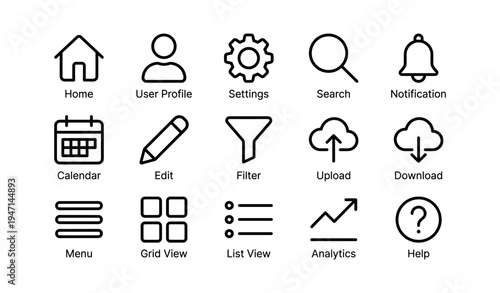 Set of simple black and white line icons for web and mobile applications