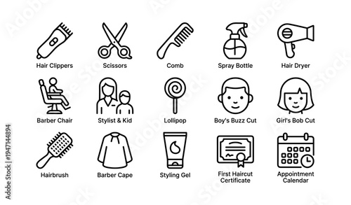 Barber tools and haircuts: clippers, scissors, comb, spray bottle, hair dryer, stylists, haircuts