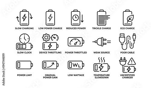 Battery and power icon set displaying energy and charging issues