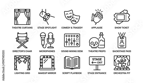 Theater icons: curtains, spotlight, comedy, tragedy, applause, tickets
