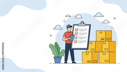 Professional delivery man in uniform checking off a list on a large clipboard next to a stack of shipping boxes.