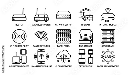 Network devices icons: routers, modems, firewalls, wi-fi access points, network switches